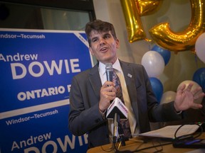 PC candidate, Andrew Dowie, greets his supporters at The Bourbon Tap & Grill Tecumseh after being declared the winner in Windsor-Tecumseh, on Thursday, June 2, 2022.