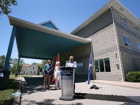 MP Irek Kusmierczyk, left, Windsor city Coun. Jo-Anne Gignac and Cory Saunders, vice-chair of the board of directors with the Welcome Centre Shelter for Women and Families are shown on Thursday, June 23, 2022 during a press conference.