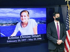 Deputy District Attorney Chris Peuvrelle listens as a murder charge is filed against Paul Flores in the Kristin Smart case during a news conference, Wednesday, April 14, 2021, in Arroyo Grande, Calif. (David Middlecamp/The Tribune (of San Luis Obispo) via AP)