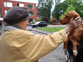 A resident of the Emilia senior residence pets dog Emma in Darmstadt, Germany, May 18, 2021.