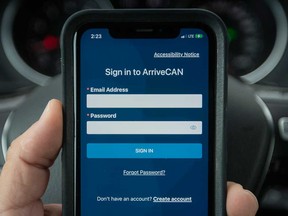 The sign-in screen on the ArriveCAN app on a smartphone, March 2022.