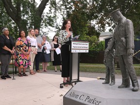 Anneke Smit, director, Centre for Cities at the University of Windsor speaks during a press conference on Thursday, July 28, 2022 at the Alton C. Parker Park.