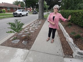 Judith McCullough is shown outside her Victoria Avenue home on Tuesday, July 26, 2022. She and her neighbours are protesting City of Windsor orders to remove plants and landscaping features, such as these flat stones, in the municipal right-of-way. Under a city bylaw, grass or Astroturf are acceptable alternatives.