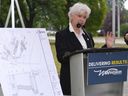 Coun. Jo-Anne Gignac explains the city's plan to spend $180 million on sewer construction and flood mitigation efforts, during a Wednesday, July 6, 2022, morning news conference at the St. Paul Pumping Station on Riverside Drive East.
