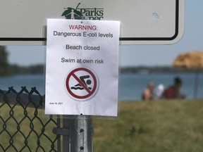 Polluted waters. A sign indicating that the beach is closed due to dangerous E. coli levels is shown at Sand Point Beach in Windsor on June 17, 2021. The local health unit repeated that same message this week.