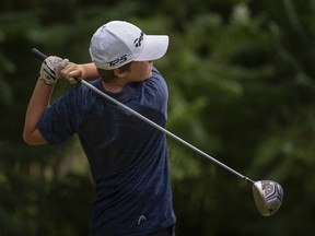 Sutton Creek's Ben Buchner tees off on the first hole at Seven Lakes Golf Course during the Jamieson Junior Golf Tour, on Monday,. He shot 72 to finish in second behind Cale Marontate.