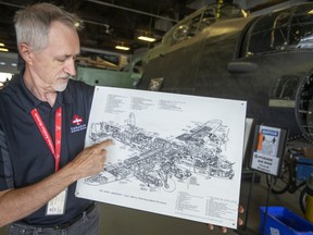 Aiming for 2024. Don Christopher, president of the Canadian Aviation Museum, shows on a Lancaster blueprint the two horizontal stabilizers for the Avro Lancaster, at the Canadian Aviation Museum in Windsor, on Tuesday, July 12, 2022.