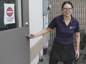 Kirsty Leathem, owner of the Family Kitchen restaurant in Leamington, is shown on April 6, 2021. Leathem defied provincial orders and opened for business. A group held a demonstration to support her and to protest against lockdown orders.