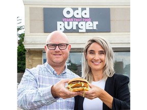 Odd Burger co-founders and husband and wife James and Vasiliki McInnes are opening a food manufacturing plant in London to serve a national chain of vegan fast food restaurants. (Derek Ruttan/The London Free Press)