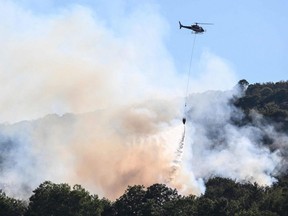 A helicopter drops water over trees during a wildfire near Cernon in the Jura region of France, Thursday, August 11, 2022.