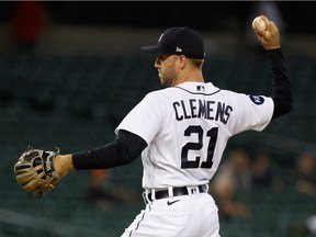 Detroit Tigers left fielder Kody Clemens throws a pitch in the ninth inning against the Seattle Mariners at Comerica Park.