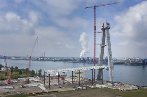 Gordie Howe bridge project struggles to finish on time Part of the construction site at the Canadian gateway to the Gordie Howe International Bridge, which will soon span the Detroit River, will be shown Friday.