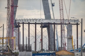 Struts that will eventually form the road section of the Gordie Howe International Bridge will be displayed Thursday on the Canadian side of the new border span under construction.