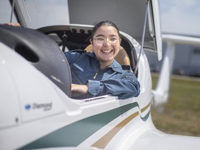 WO2 Erica Firouzbehi, 18, from 102 Barrie Silver Fox Squadron, is pictured in a  Diamond DA20 Eclipse at Journey Air where she's taking the Power Pilot training course, on Wednesday, August 3, 2022.