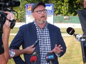 Windsor mayoral candidate Chris Holt speaks during a press conference along Cabana Road on Wednesday, August 24, 2022.