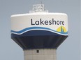 The Town of Lakeshore water tower is shown near a new subdivision on May 22, 2021.