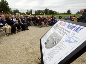 A large crowd gathered outside of Shedden on Sunday, Sept. 9, 2018, for the unveiling of a plaque in remembrance of the Flagship Erie, an American Airlines DC-3 that crashed in a farmers field there in 1941, killing all 20 aboard. Children of those killed in the crash, including the two sons of the pilot, David Cooper, of Plandome, NY, attended, as well as people who were children at the time of the crash.