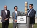 Windsor Mayor Drew Dilkens (left) and city engineer Chris Nepszy look on as Windsor-Tecumseh MP Irek Kusmierczyk announces $33 million in federal support to build a new water retention basin at Windsor's Lou Romano Water Reclamation Plant on Wednesday, Aug. 31, 2022.