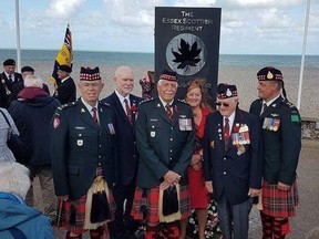 Mary Baruth (centre) was joined by members and supporters of Essex and Kent Scottish Regiment during a visit in 2017 to the Dieppe Memorial in France. From the left are Dave Woodall, Pat Coughlin, Phil Berthiaume, Roy Hare and John Hodgins.