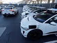 Jaguar I-Pace electric vehicles are parked at Waymo's operations center in the Bayview district of San Francisco, California, U.S.