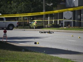 The aftermath of the collision scene at the intersection of Ouellette Avenue and Shepherd Street in Windsor on the morning of Aug. 6, 2022.