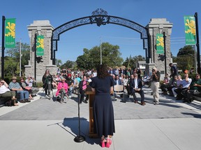 'A tremendous honour.' An official opening of the Patti France Community Promenade at the St. Clair College main campus was held on Wednesday, Aug. 31, 2022. Patti France, president of St. Clair College, speaks during the Windsor event.
