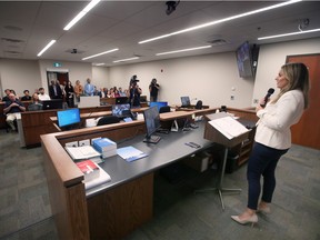 The City of Windsor's deputy solicitor Dana Paladino addresses media inside one of the rooms of the new Provincial Offences courts location at 400 City Hall Square East in downtown Windsor. Photographed Aug. 24, 2022.