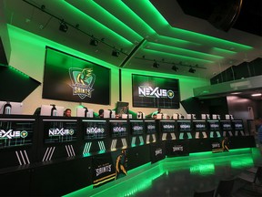 St. Clair College's Student Representative Council held a grand opening of its expanded Student Centre on Wednesday, August 24, 2022. The event featured the unveiling of Nexus, the state-of-the-art arena and broadcasting facility of Saints Gaming. A section of the Nexus is shown during the event.