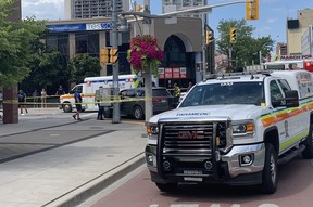 The scene of Wyandotte Street and Ouellette Avenue where a Windsor police officer shot a suspect during a weapons call is seen on Monday, Aug. 15, 2022.