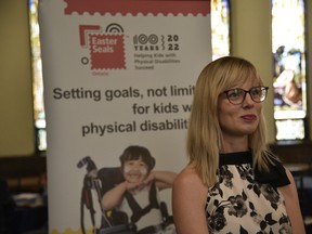 Starr Meloche, community engagement officer for Easter Seals, kicks off the Easter Seals Ontario centennial celebrations in Windsor on Wednesday, Sept. 28, 2022. Easter Seals Ontario was founded in Windsor on Nov. 28, 2022.