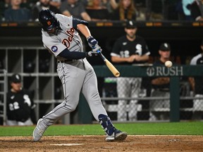 Spencer Torkelson of the Detroit Tigers hits an RBI single in the ninth inning against the Chicago White Sox at Guaranteed Rate Field on July 7, 2022 in Chicago, Illinois. Detroit defeated Chicago 2-1.