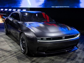 The Dodge Charger Daytona SRT Concept all-electric muscle car is shown during its world unveiling at Dodge's Speed Week at M1 Concourse on August 17, 2022 in Pontiac, Michigan. A production electric vehicle from Dodge, a brand of Stellantis NV, is expected to hit the market in 2024.