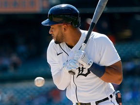 Victor Reyes of the Detroit Tigers avoids an inside pitcher against the Seattle Mariners during the third inning at Comerica Park on September 1, 2022, in Detroit, Michigan.
