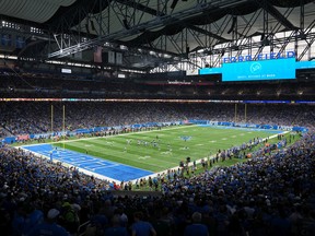 A general view of the field during the game between the Philadelphia Eagles and Detroit Lions at Ford Field on September 11, 2022 in Detroit, Michigan.