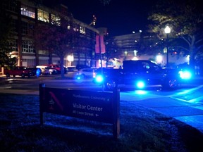 A general view of Holmes Hall at Northeastern University as law enforcement agencies respond after a package exploded, in Boston, Tuesday, Sept. 13, 2022.