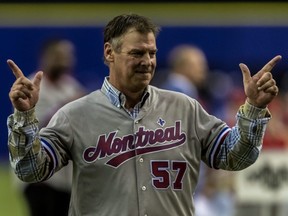 Former Montreal Expos pitcher John Wetteland appears before a pre-season game between the Toronto Blue Jays and St. Louis Cardinals at Olympic Stadium in Montreal, March 26, 2018.