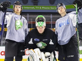 London Knights forwards Max McCue and Sean McGurn and goalie Brett Brochu launch the OHL season with a game Friday against the Owen Sound Attack at Budweiser Gardens in London. Photograph taken on Tuesday, Sept. 27, 2022. (Mike Hensen/The London Free Press)