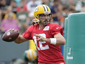 Green Bay Packers quarterback Aaron Rodgers (12) during training camp Monday, August 1, 2022, at Ray Nitschke Field in Green Bay, Wis.