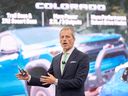 Vice President of Chevrolet Marketing, Steve Majoros, speaks during the Chevy press conference at the 2022 North American International Auto Show in Detroit, Michigan, on September 14, 2022. 