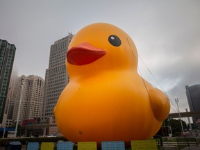 A giant duck sits outside Huntington Place for the 2022 North American International Auto Show on Wednesday, Sept. 14, 2022.  The duck is part of Jeep's ducking movement.