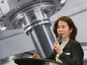 Iris Chen, marketing manager with AXILE Machines speaks during the company’s grand opening event on Wednesday, September 28, 2022 in Windsor. The Taiwanese technology company chose Windsor to opened their first North American plant/technology centre.