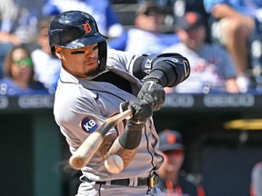 Detroit Tigers shortstop Javier Baez breaks his bat on a ground out during the sixth inning against the Kansas City Royals at Kauffman Stadium.