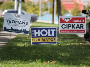 Municipal election campaign signs are shown in downtown Windsor on Tuesday, September 13, 2022.
