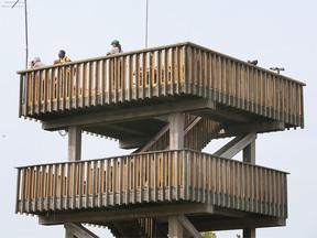 Nature appreciation will be more accessible at Holiday Beach Conservation Area. The Ontario Trillium Foundation provided funding for improvements to the Hawk Tower and the trail system. Bird watchers are shown on the top deck of the tower on Friday, September 16, 2022.