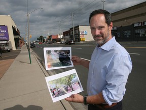 Windsor Ward 4 candidate Jake Rondot is shown along Tecumseh Road near Lincoln Road on Wednesday, September 21, 2022 displaying illustrations of upgrades he would propose for the area.