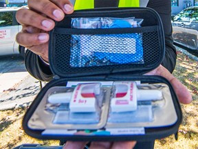 The contents of a naloxone kit are shown in Vancouver on Aug. 24, 2022.