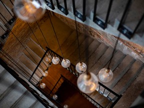 A stairwell in the newly restored Walker Power Building is seen during a guided tour for Open Doors Windsor, on Saturday, Sept. 24, 2022.