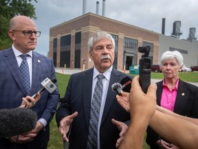 Brian Vaasjo, president and CEO of Capital Power, is joined by mayor Drew Dilkens and councillor Jo-Anne Gignac, as he speaks to the media during a press conference at the power plant, on Wednesday, Sept. 21, 2022.