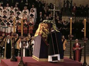The coffin of Queen Elizabeth II is placed at Westminster Hall in London, Wednesday, Sept. 14, 2022.