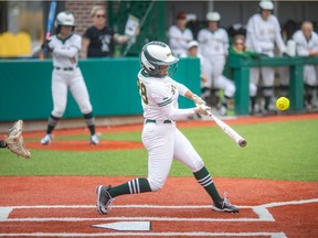 St.Clair's Shae-Lyn Murphy gets a hit in the first inning of OCAA women's softball against the Durham Lords at the St. Clair College Sportspark on Sunday.